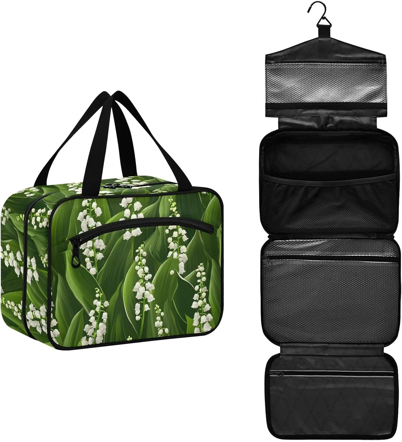White Lily Of Valley Flowers Green Leaves hanging makeup travel case with hook, designer collapsible brush bag for travel make up backpacking estuche para maquillaje L