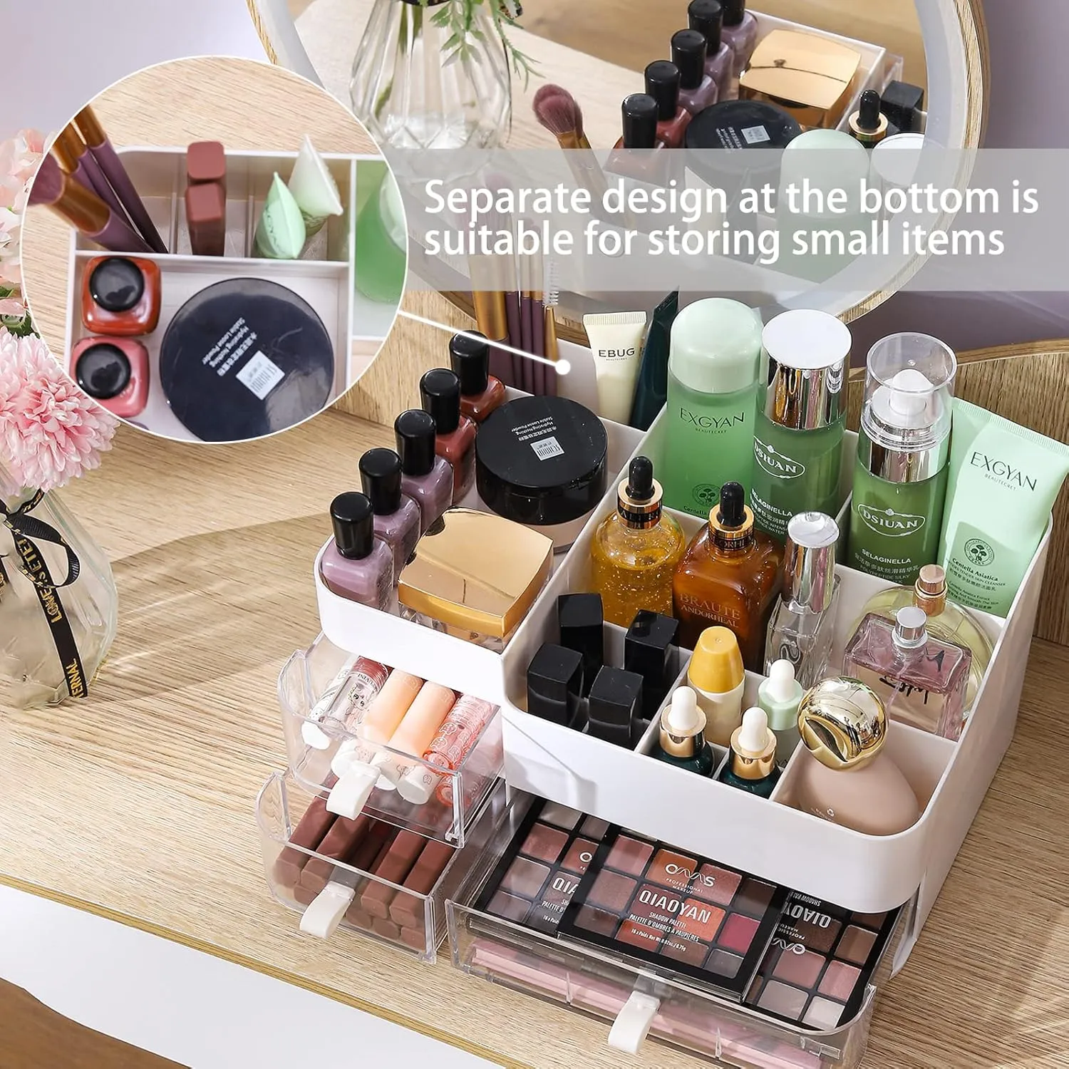 White Make up Organizers for Vanity with 3 Drawers,Large Skincare Organizers for Countertop,Desk,Dresser,Plastic Bathroom Counter Organizer for Eyeshadow Palettes,Perfume,Make up Brush Organization