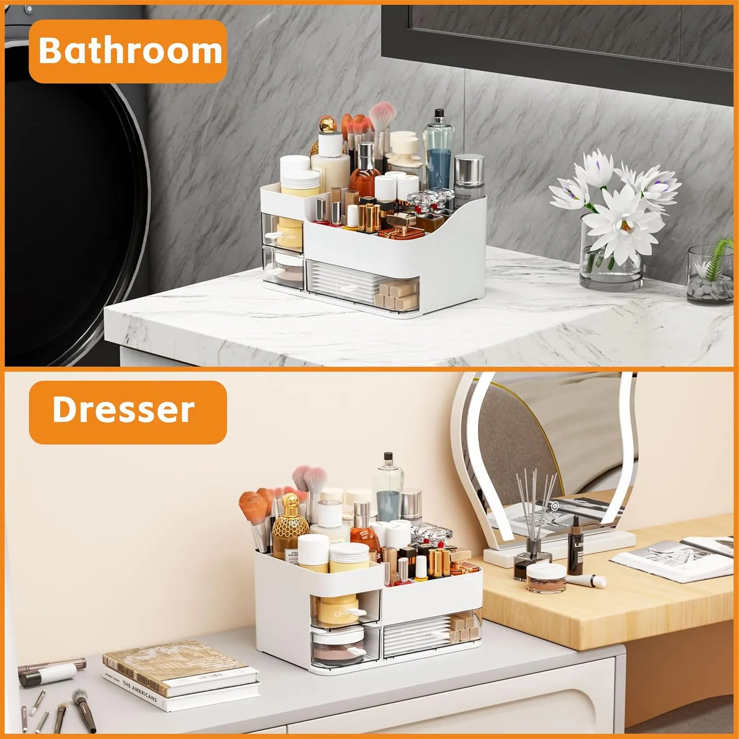White Make up Organizers for Vanity with 3 Drawers,Large Skincare Organizers for Countertop,Desk,Dresser,Plastic Bathroom Counter Organizer for Eyeshadow Palettes,Perfume,Make up Brush Organization