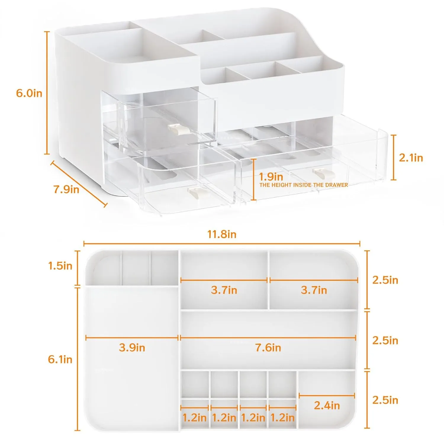 White Make up Organizers for Vanity with 3 Drawers,Large Skincare Organizers for Countertop,Desk,Dresser,Plastic Bathroom Counter Organizer for Eyeshadow Palettes,Perfume,Make up Brush Organization
