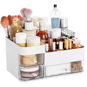 White Make up Organizers for Vanity with 3 Drawers,Large Skincare Organizers for Countertop,Desk,Dresser,Plastic Bathroom Counter Organizer for Eyeshadow Palettes,Perfume,Make up Brush Organization