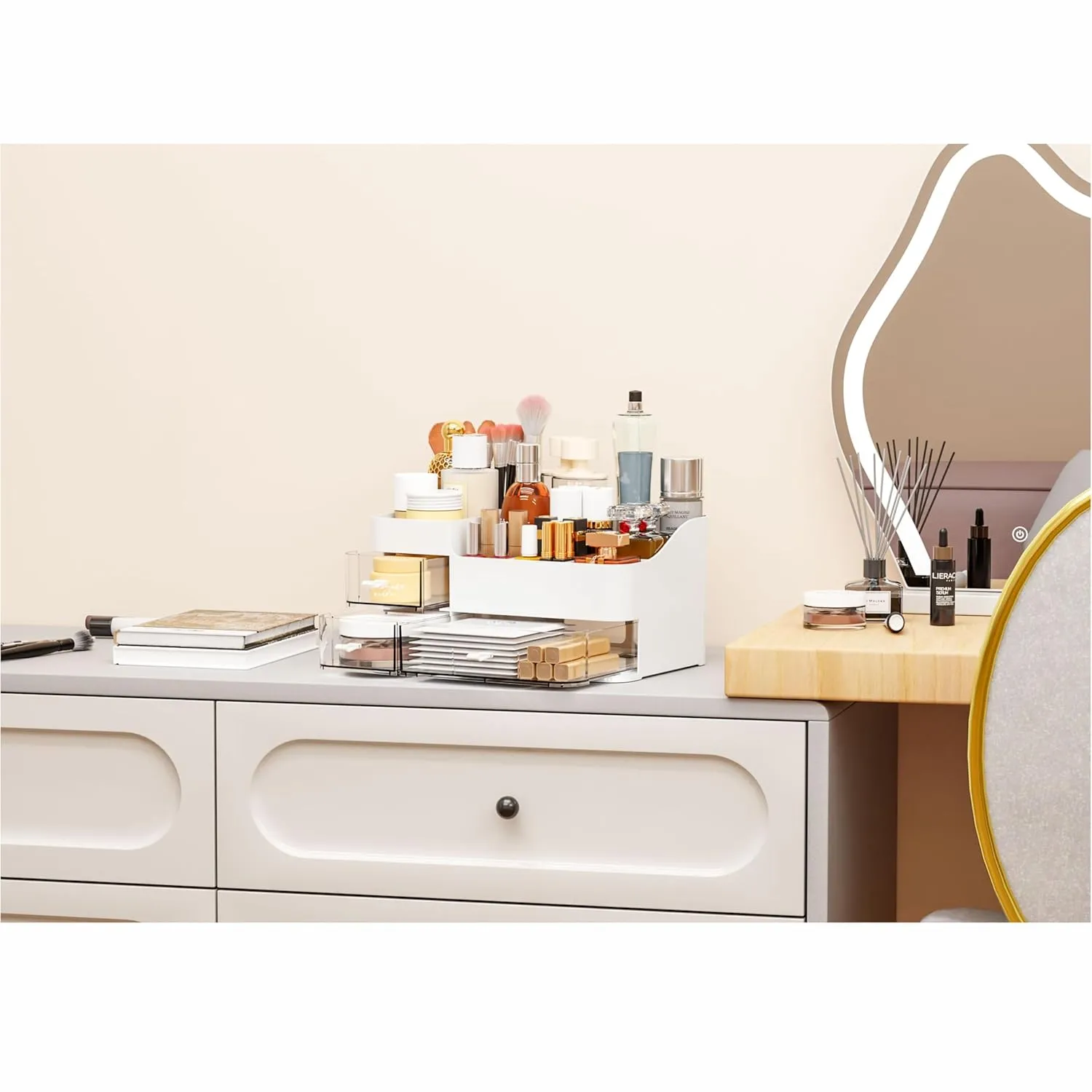 White Make up Organizers for Vanity with 3 Drawers,Large Skincare Organizers for Countertop,Desk,Dresser,Plastic Bathroom Counter Organizer for Eyeshadow Palettes,Perfume,Make up Brush Organization