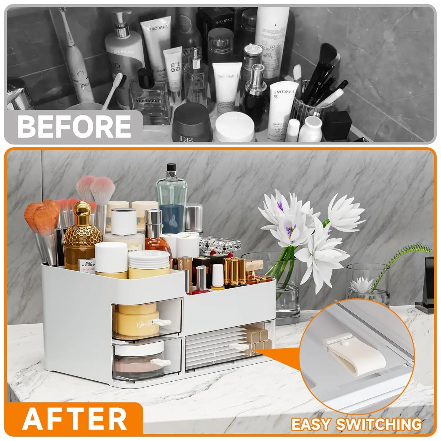 White Make up Organizers for Vanity with 3 Drawers,Large Skincare Organizers for Countertop,Desk,Dresser,Plastic Bathroom Counter Organizer for Eyeshadow Palettes,Perfume,Make up Brush Organization