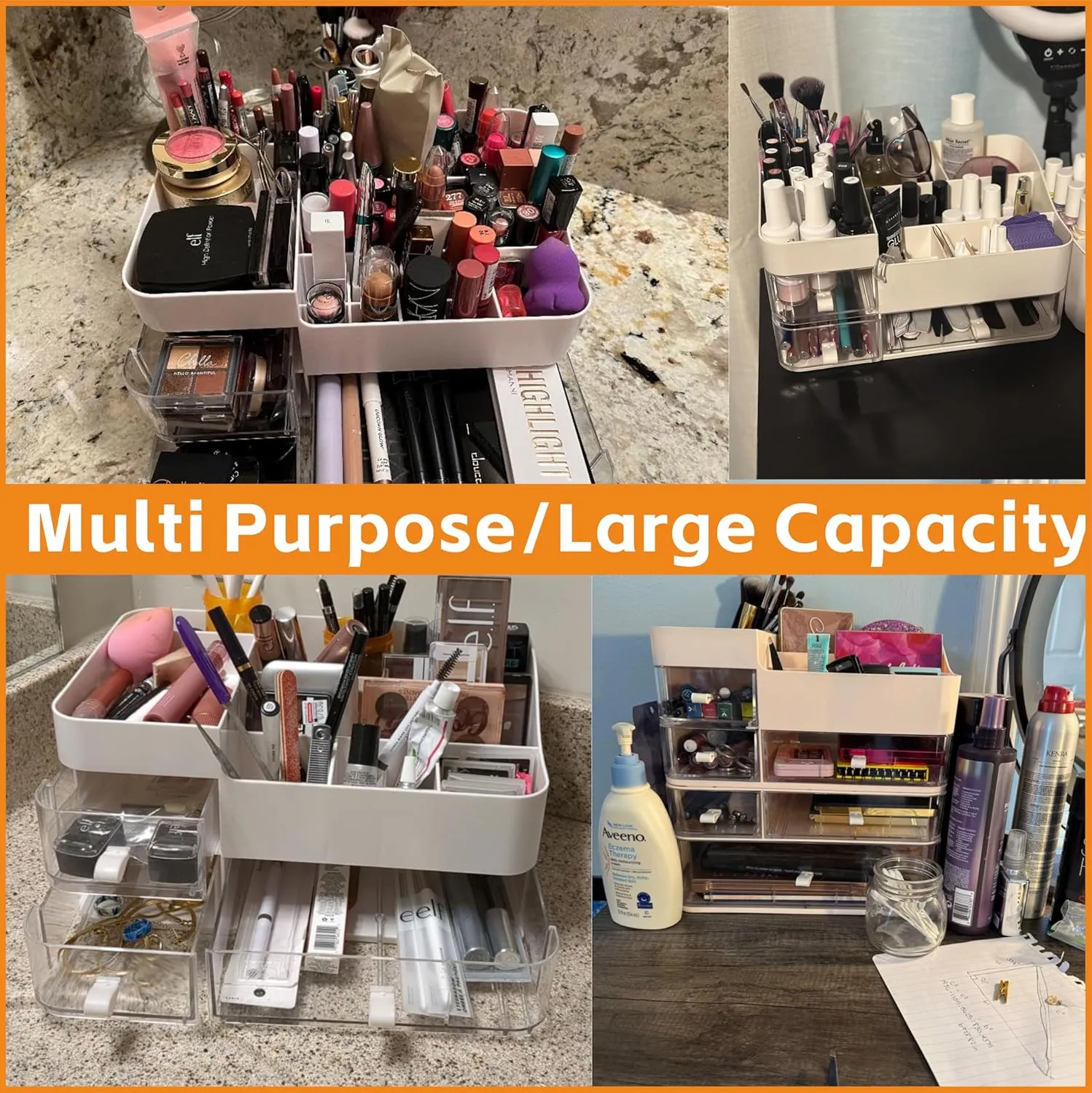 White Make up Organizers for Vanity with 3 Drawers,Large Skincare Organizers for Countertop,Desk,Dresser,Plastic Bathroom Counter Organizer for Eyeshadow Palettes,Perfume,Make up Brush Organization