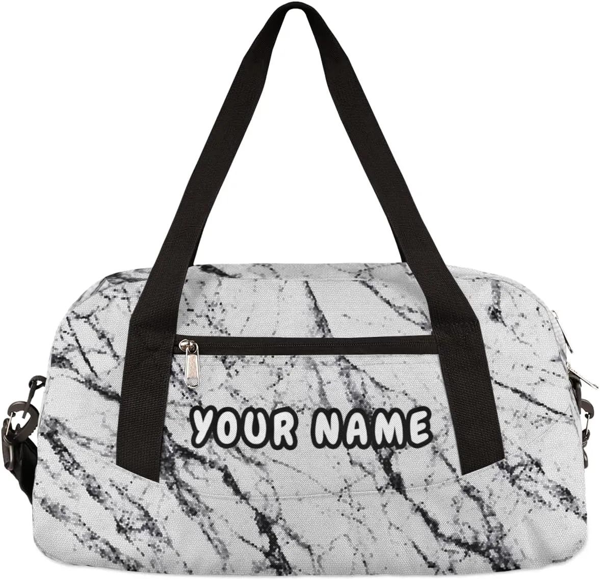White Marble Texture Personalized Kids Duffel Bag for Girls Boys, Marble Texture Customized Name Overnight Small Duffel Bag Carry On Weekend Sports Gym Travel Bag for School Practice Gymnastics Ballet