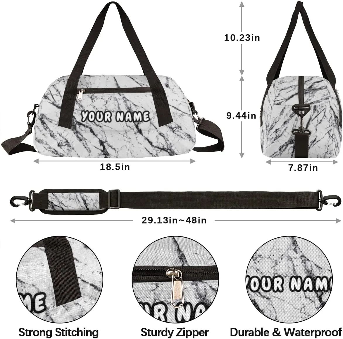 White Marble Texture Personalized Kids Duffel Bag for Girls Boys, Marble Texture Customized Name Overnight Small Duffel Bag Carry On Weekend Sports Gym Travel Bag for School Practice Gymnastics Ballet