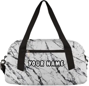 White Marble Texture Personalized Kids Duffel Bag for Girls Boys, Marble Texture Customized Name Overnight Small Duffel Bag Carry On Weekend Sports Gym Travel Bag for School Practice Gymnastics Ballet