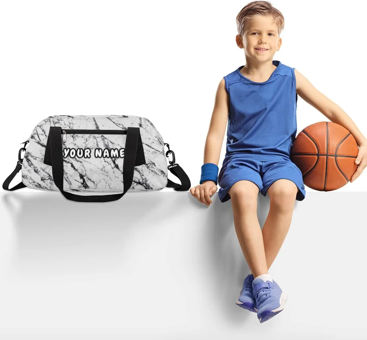 White Marble Texture Personalized Kids Duffel Bag for Girls Boys, Marble Texture Customized Name Overnight Small Duffel Bag Carry On Weekend Sports Gym Travel Bag for School Practice Gymnastics Ballet
