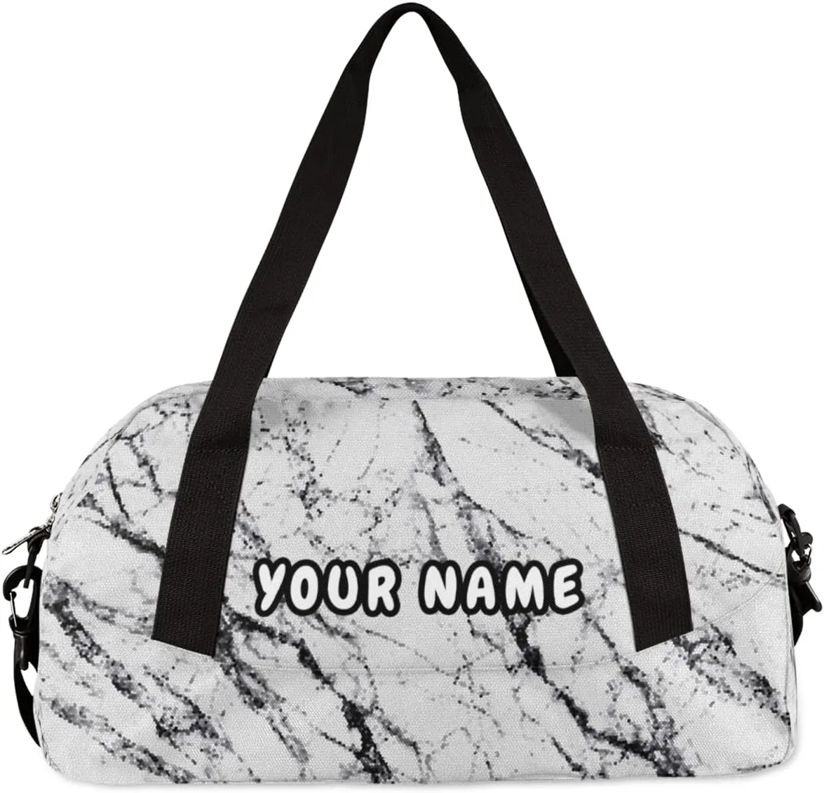 White Marble Texture Personalized Kids Duffel Bag for Girls Boys, Marble Texture Customized Name Overnight Small Duffel Bag Carry On Weekend Sports Gym Travel Bag for School Practice Gymnastics Ballet