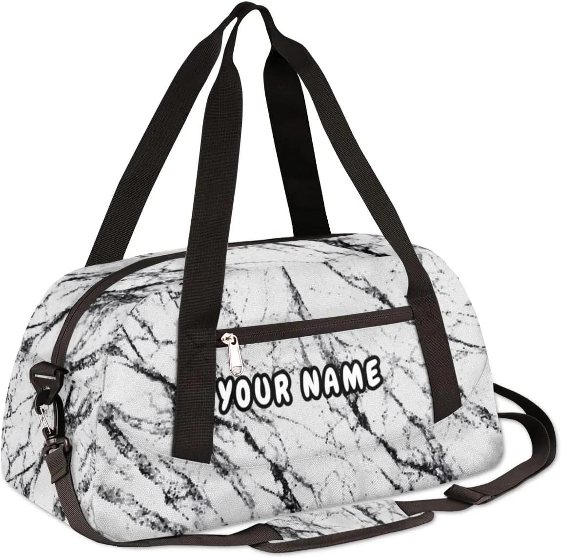 White Marble Texture Personalized Kids Duffel Bag for Girls Boys, Marble Texture Customized Name Overnight Small Duffel Bag Carry On Weekend Sports Gym Travel Bag for School Practice Gymnastics Ballet