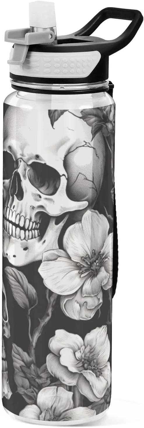 White Skull 32 oz Water Bottle - Clear Tritan, BPA-Free, LeakProof with Carry Strap for Sports, Gym & Outdoor Activities