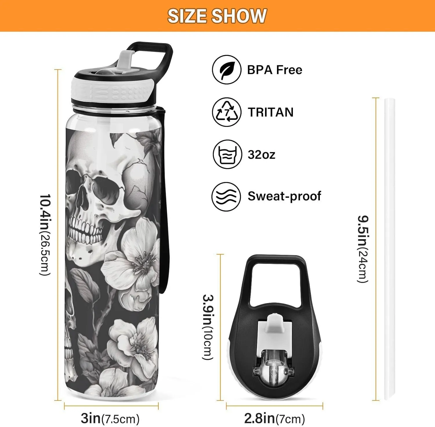 White Skull 32 oz Water Bottle - Clear Tritan, BPA-Free, LeakProof with Carry Strap for Sports, Gym & Outdoor Activities