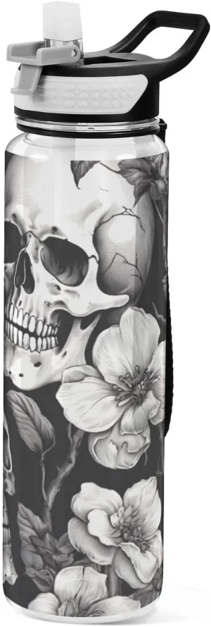 White Skull 32 oz Water Bottle - Clear Tritan, BPA-Free, LeakProof with Carry Strap for Sports, Gym & Outdoor Activities