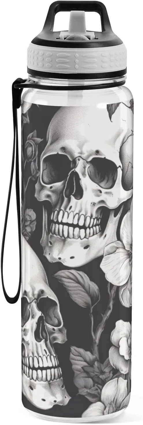 White Skull 32 oz Water Bottle - Clear Tritan, BPA-Free, LeakProof with Carry Strap for Sports, Gym & Outdoor Activities