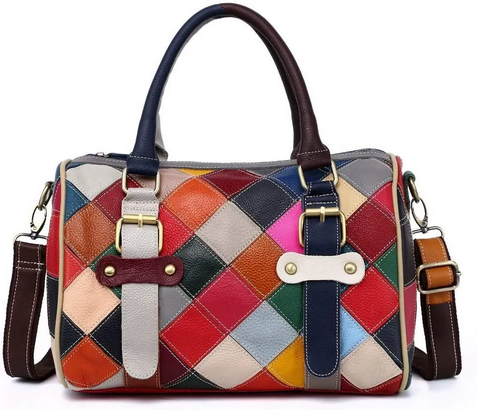 Women Multicolor Boston Tote Bag Genuine Leather Colorful Handbag Purse Hobo bag