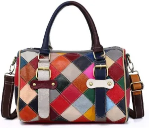 Women Multicolor Boston Tote Bag Genuine Leather Colorful Handbag Purse Hobo bag