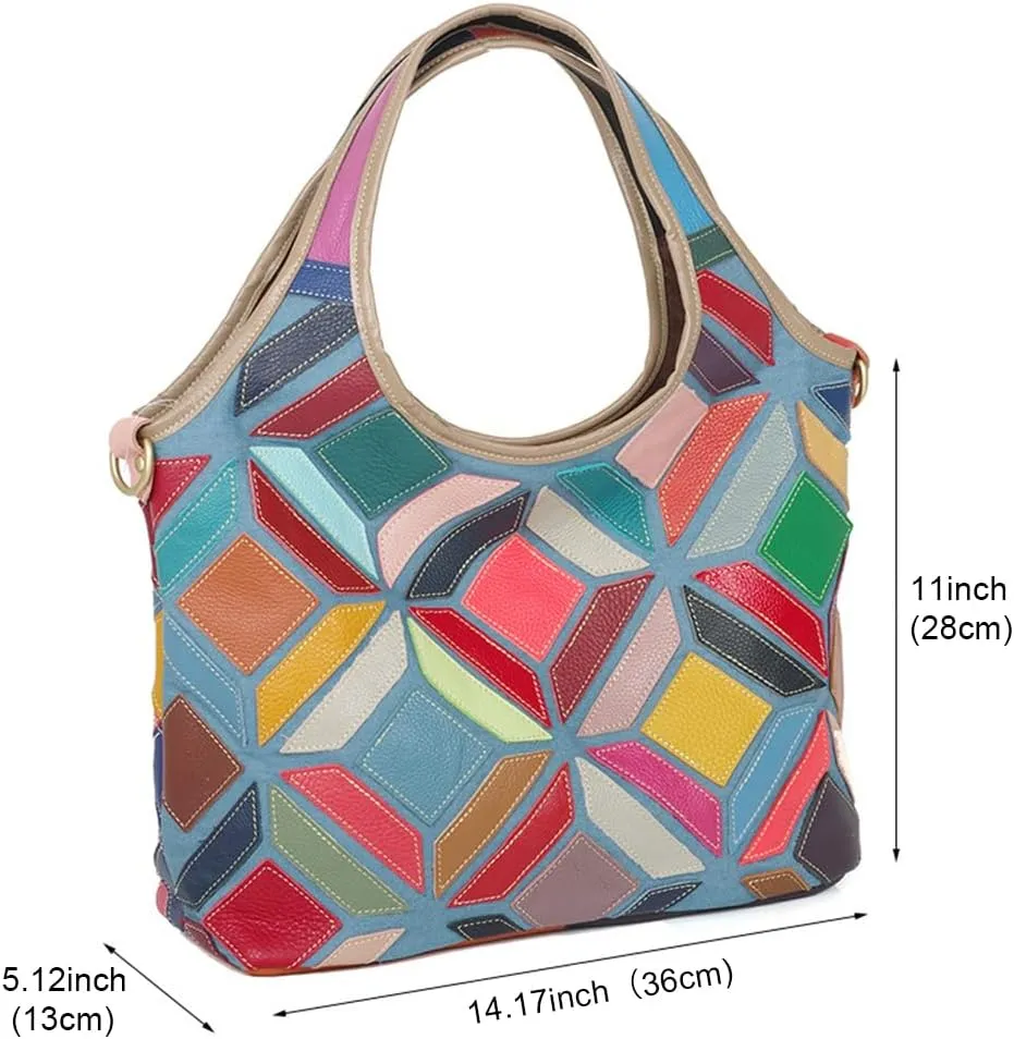 Women Multicoloured Handbag Leather Hollow Stitching Shoulder Satchel Purse Tote