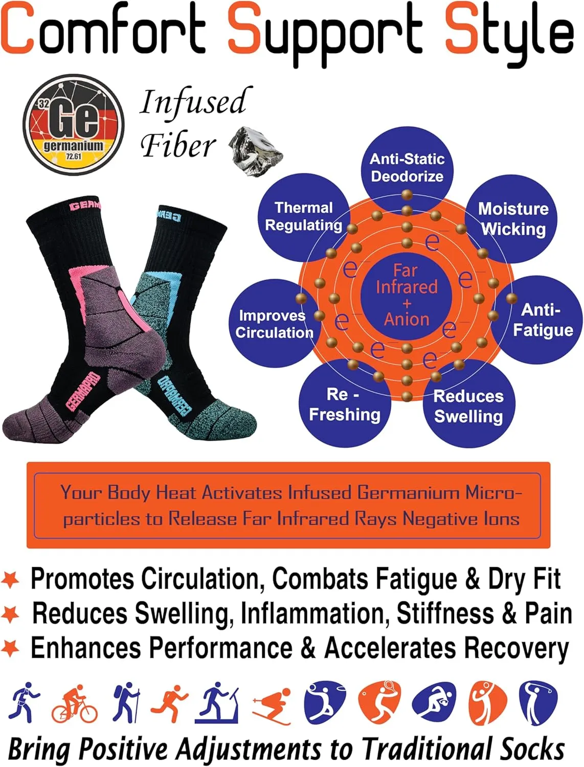 Women's Compression Hiking Socks Boot Socks w/Anti-Stress-Moisture Wicking Germanium & Coolmax Mild-Compression 1/2 Pairs