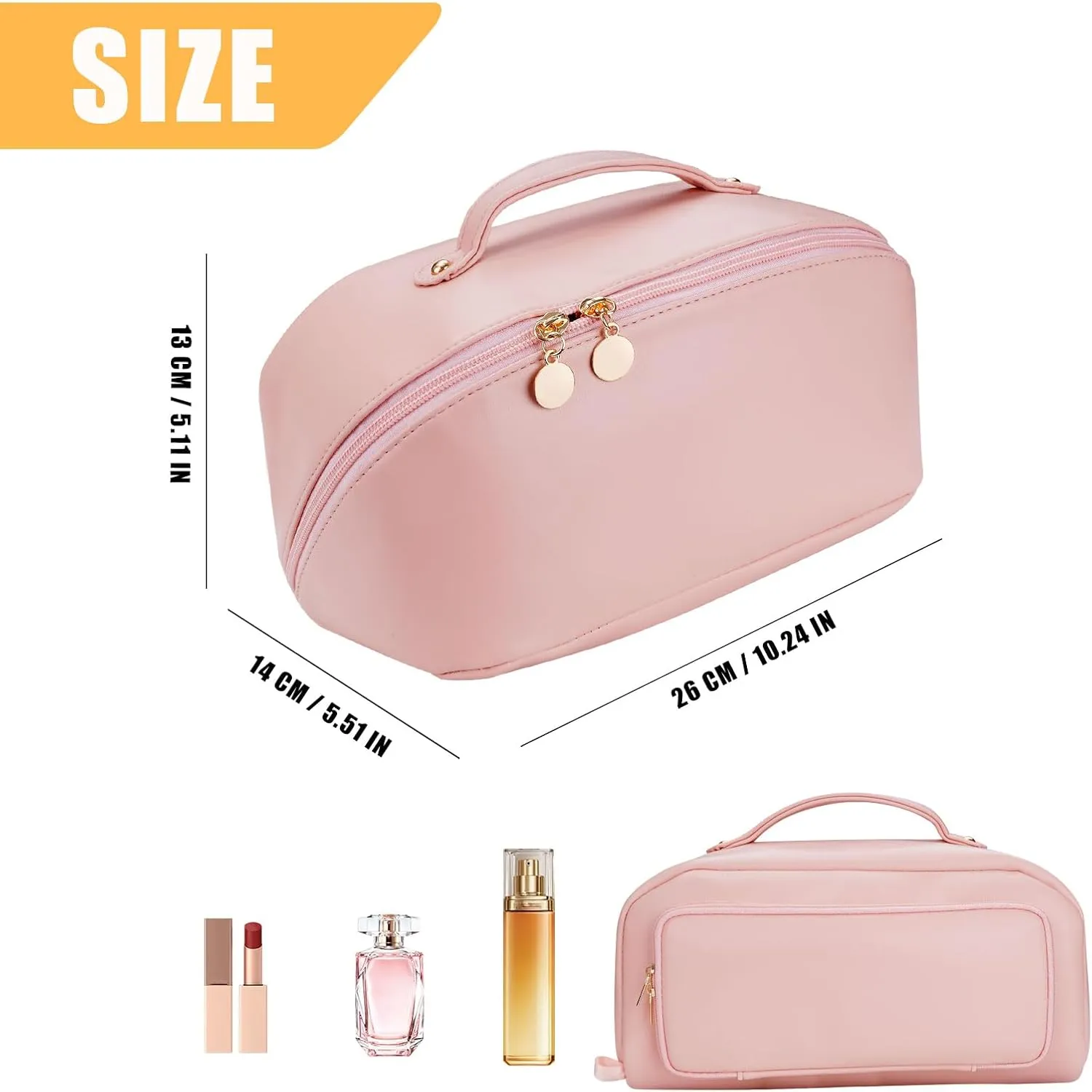 Women's Cosmetic Organizer, Travel Cosmetic Bag, Waterproof PU Leather Toiletry Bag with Handle and Transparent Compartment
