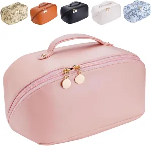 Women's Cosmetic Organizer, Travel Cosmetic Bag, Waterproof PU Leather Toiletry Bag with Handle and Transparent Compartment