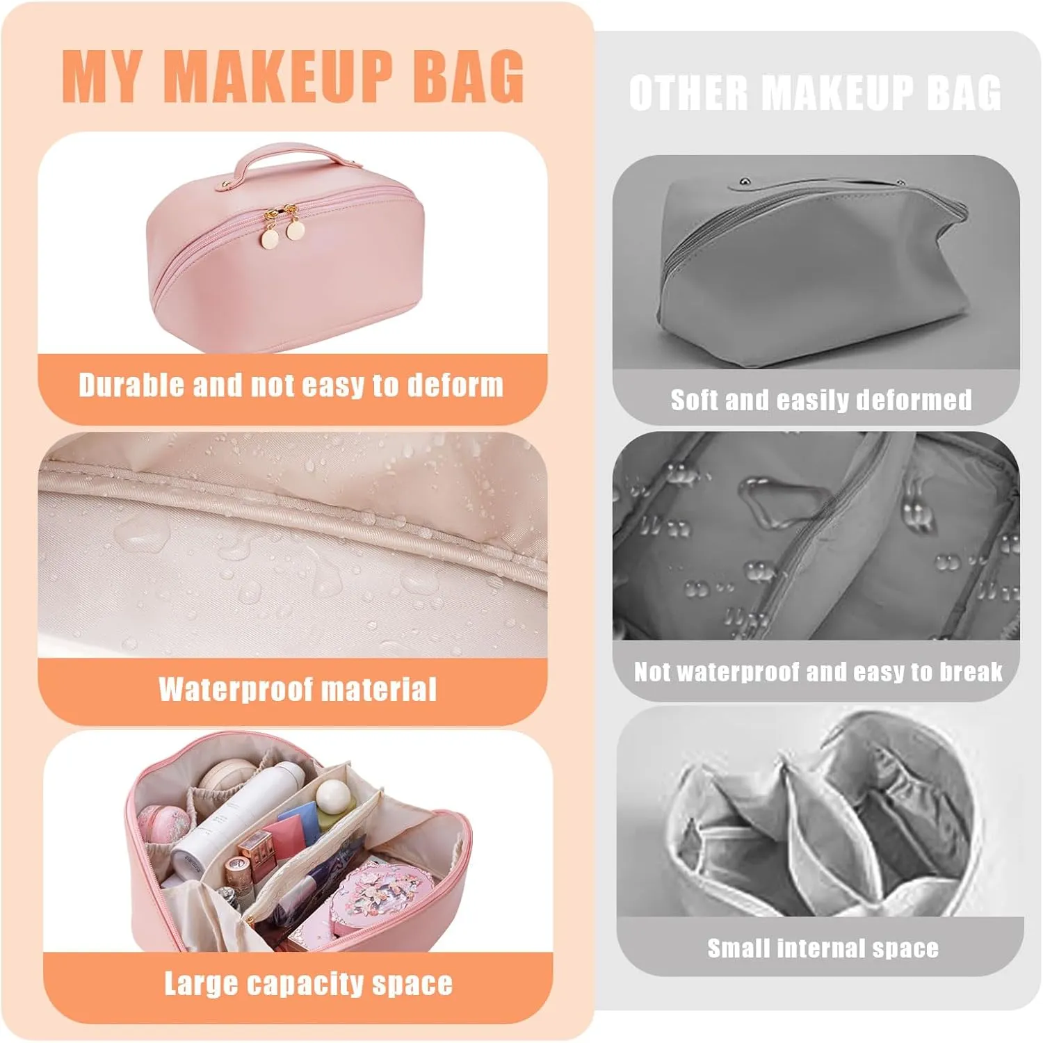 Women's Cosmetic Organizer, Travel Cosmetic Bag, Waterproof PU Leather Toiletry Bag with Handle and Transparent Compartment