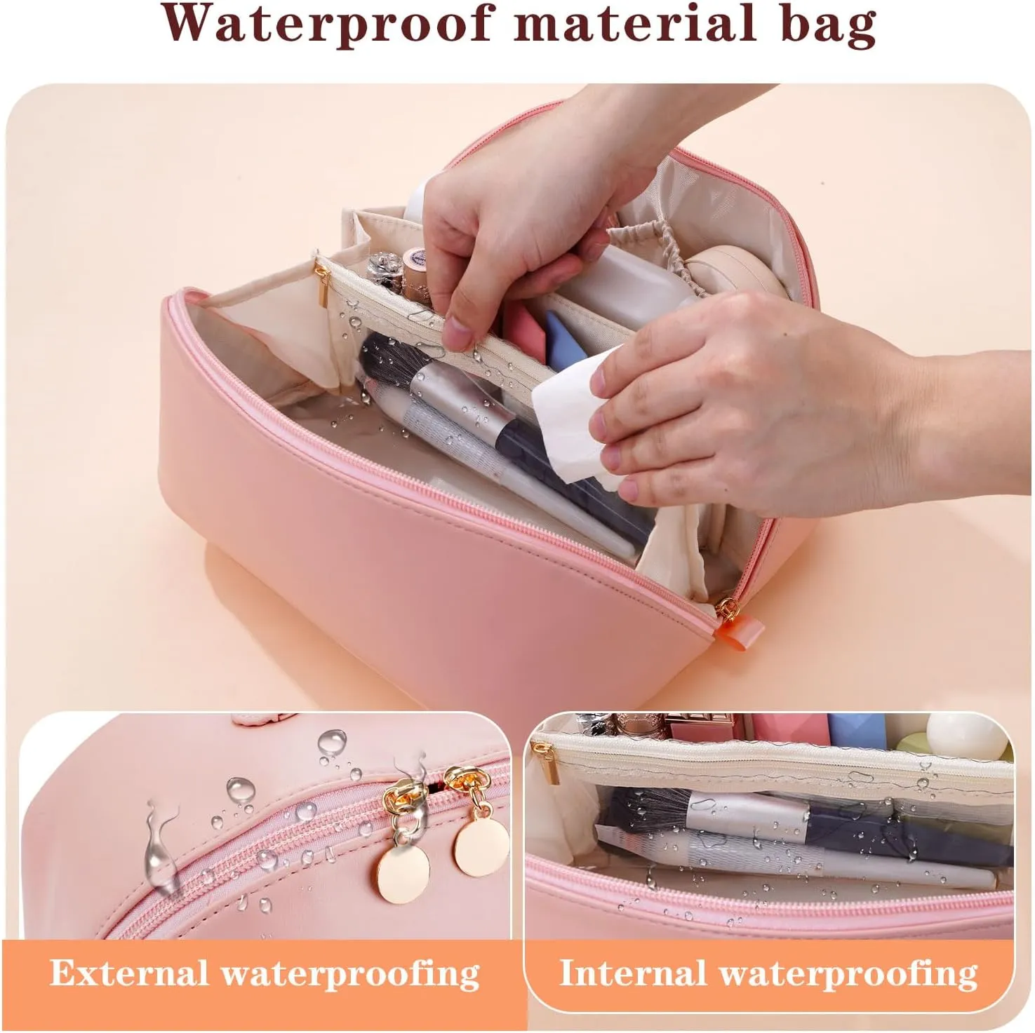 Women's Cosmetic Organizer, Travel Cosmetic Bag, Waterproof PU Leather Toiletry Bag with Handle and Transparent Compartment