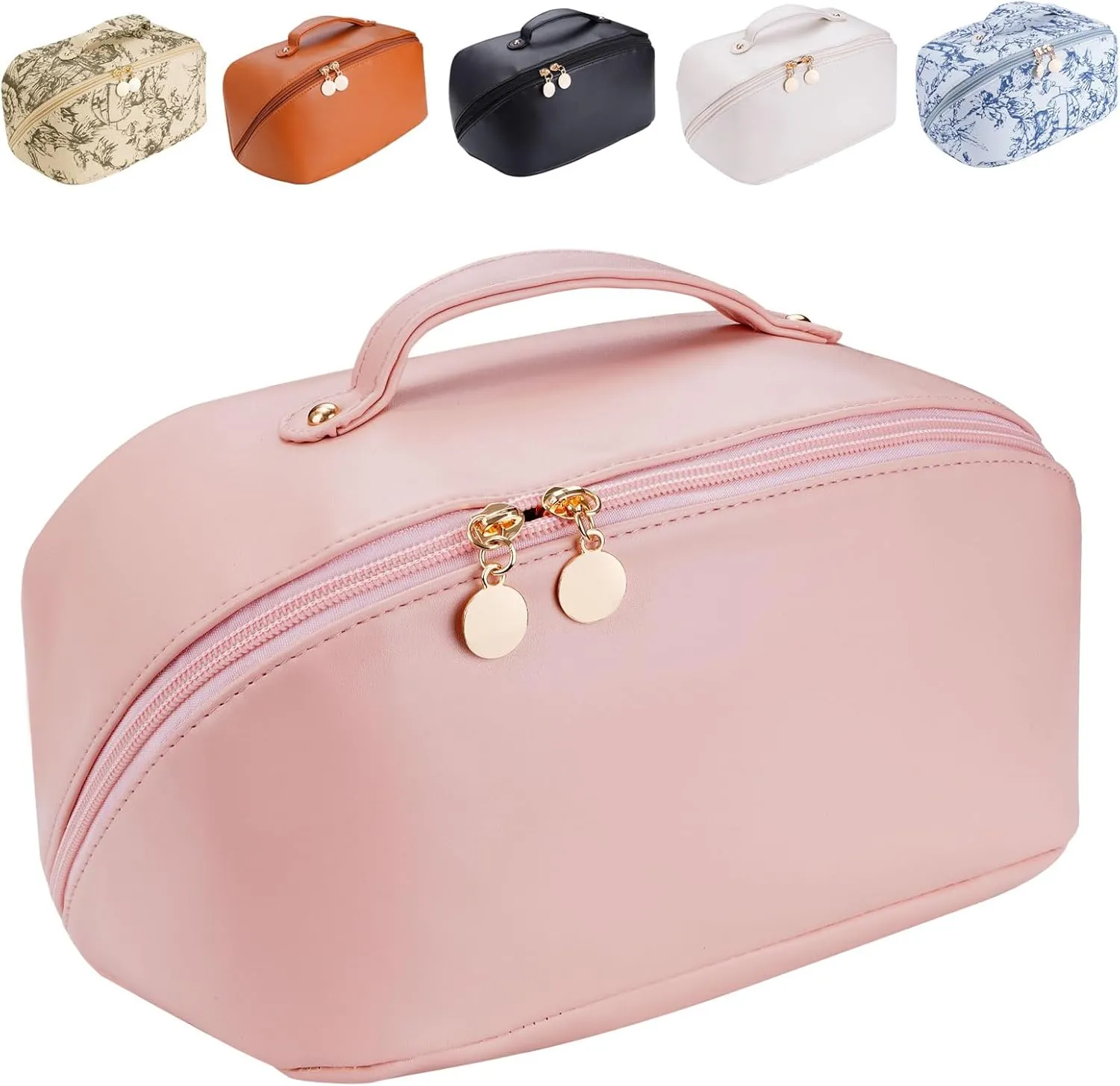 Women's Cosmetic Organizer, Travel Cosmetic Bag, Waterproof PU Leather Toiletry Bag with Handle and Transparent Compartment