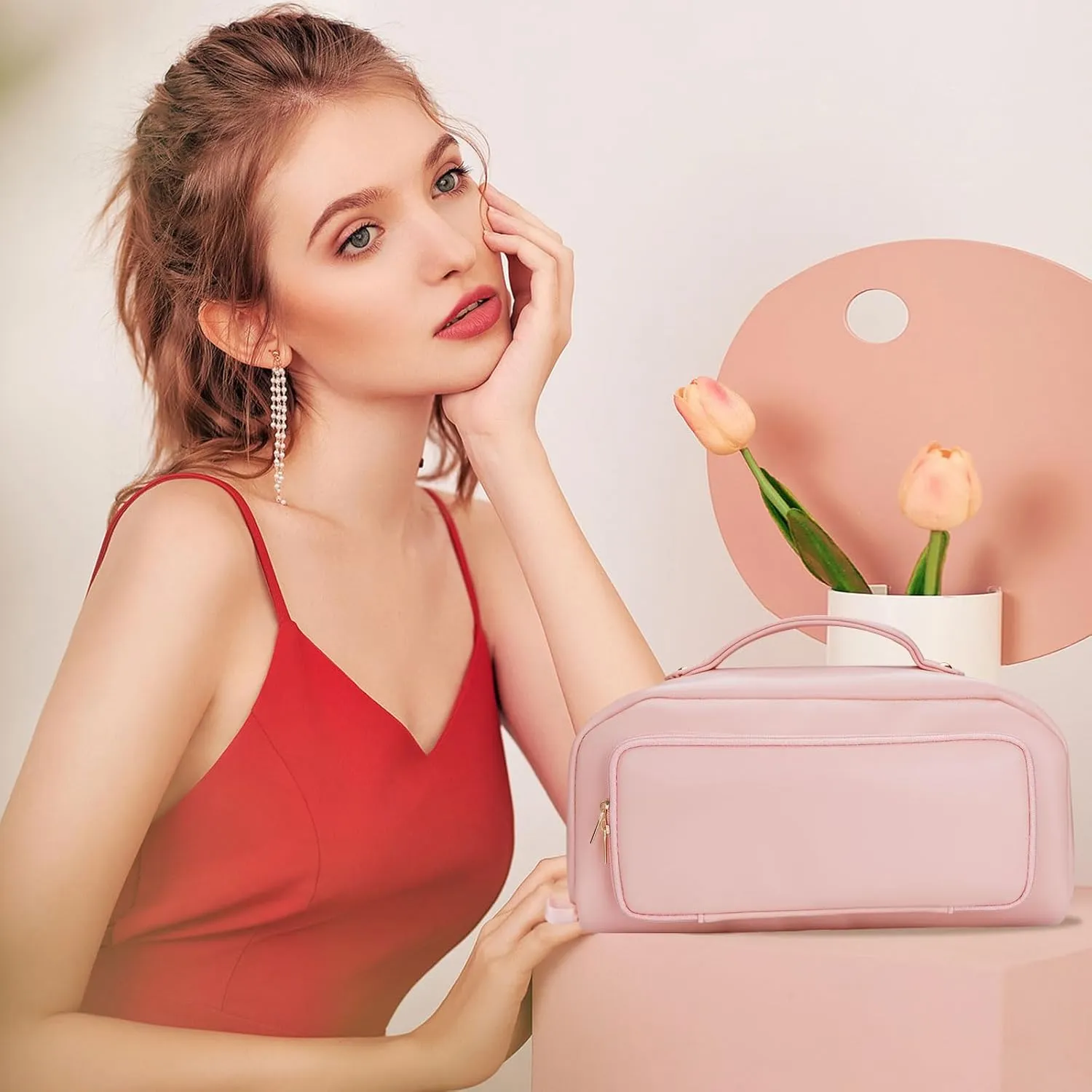 Women's Cosmetic Organizer, Travel Cosmetic Bag, Waterproof PU Leather Toiletry Bag with Handle and Transparent Compartment