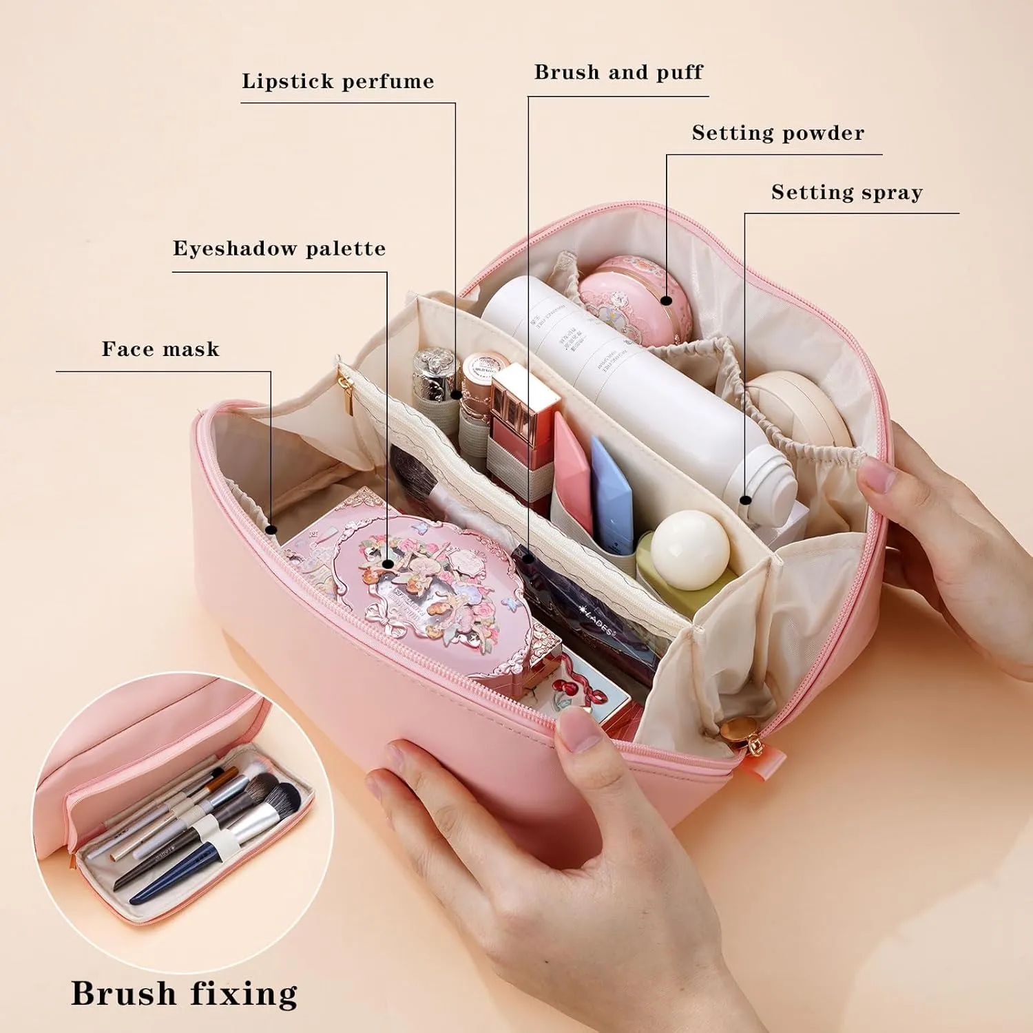 Women's Cosmetic Organizer, Travel Cosmetic Bag, Waterproof PU Leather Toiletry Bag with Handle and Transparent Compartment