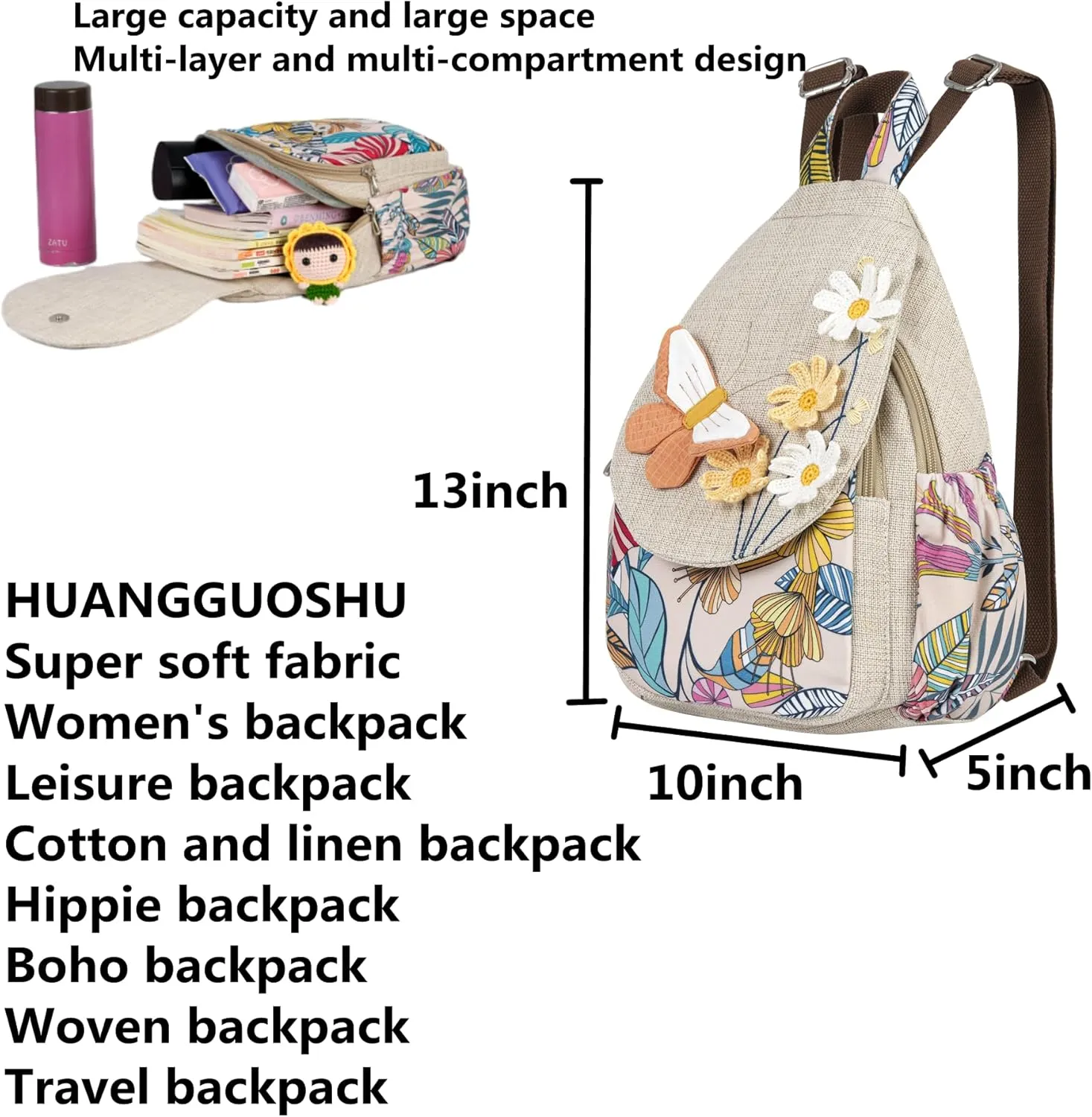Womens Hippie Cotton Hemp Cloth Backpack Boho Vintage Embroidered Casual Purse
