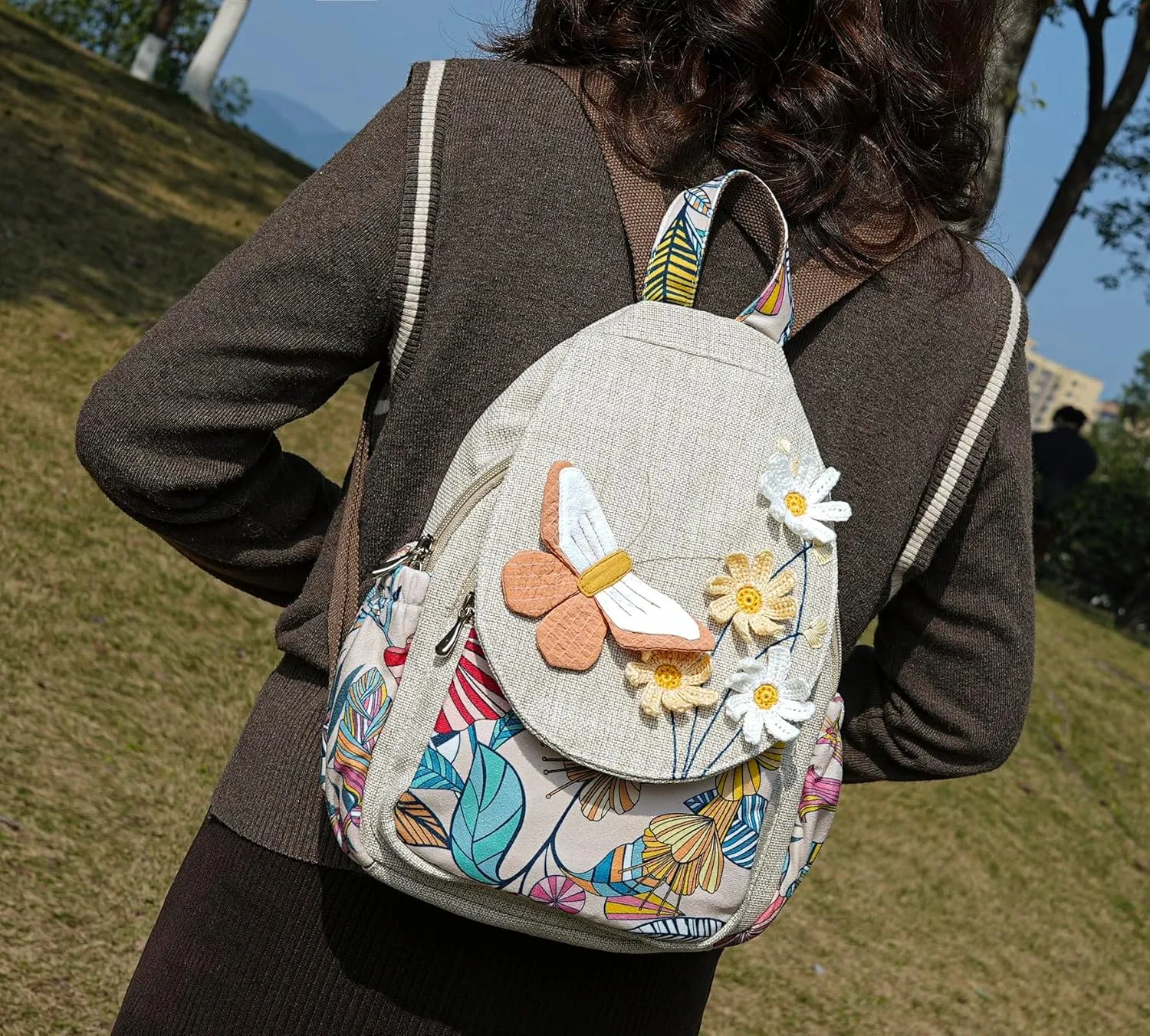 Womens Hippie Cotton Hemp Cloth Backpack Boho Vintage Embroidered Casual Purse