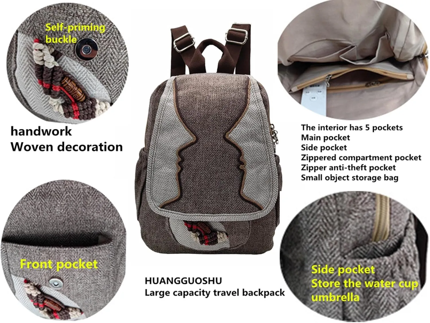 Womens Hippie Cotton Hemp Cloth Backpack Boho Vintage Embroidered Casual Purse