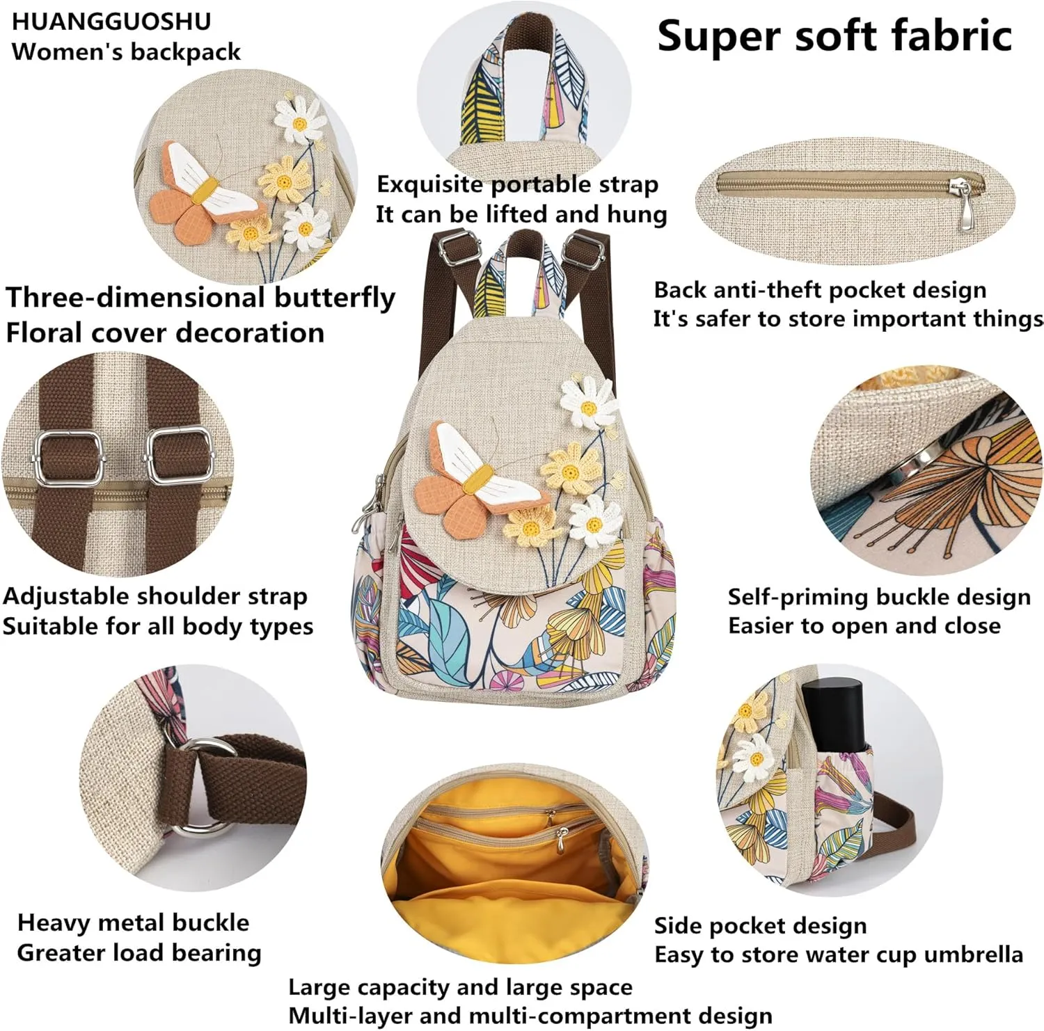 Womens Hippie Cotton Hemp Cloth Backpack Boho Vintage Embroidered Casual Purse