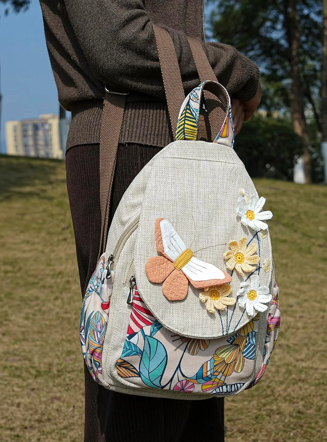 Womens Hippie Cotton Hemp Cloth Backpack Boho Vintage Embroidered Casual Purse