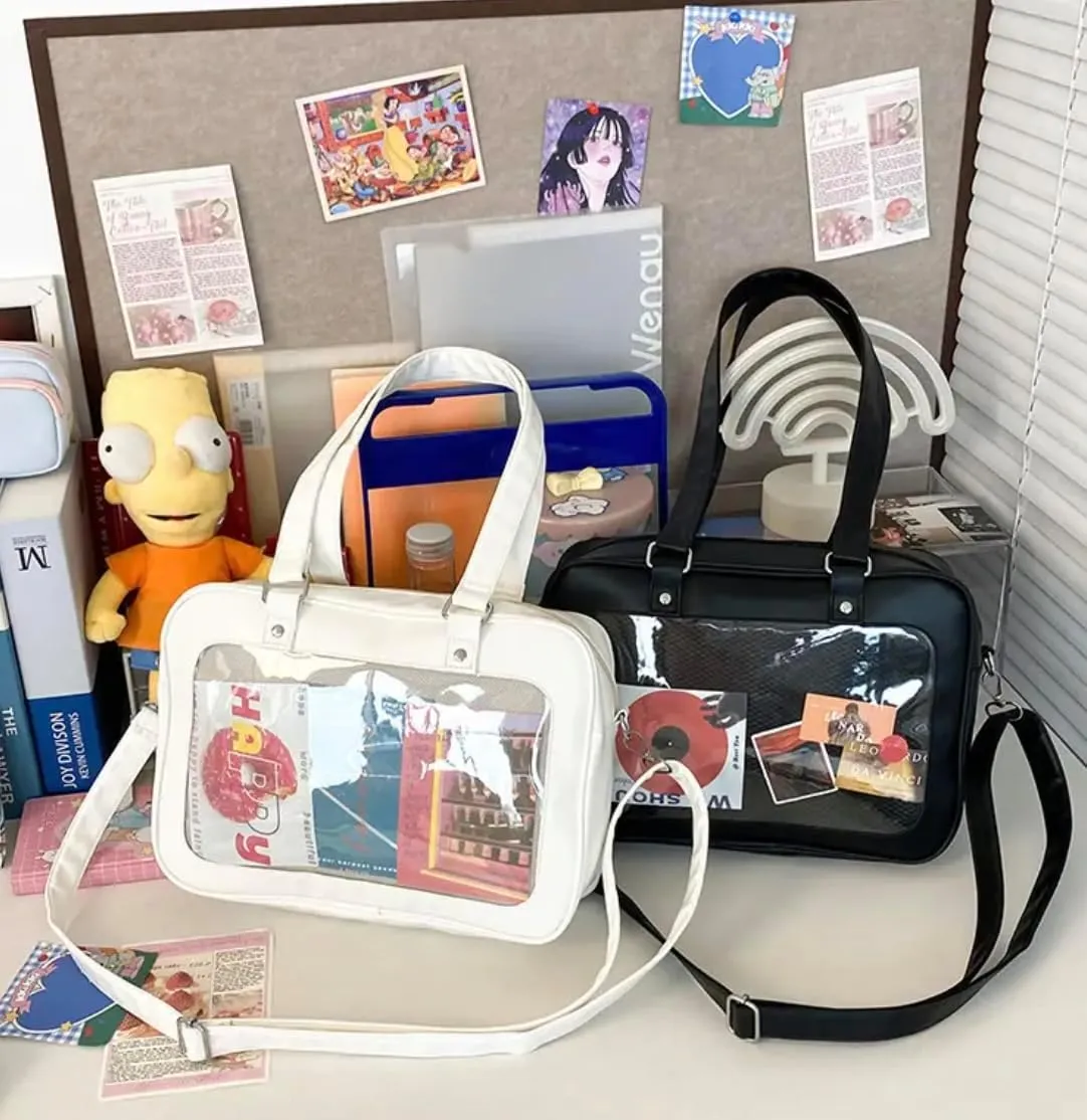 Womens Ita Bag Crossbody Tote – Messenger Shoulder Bag for Anime, Kawaii, Pin & Plushie Display | Clear Front, Mesh Insert|
