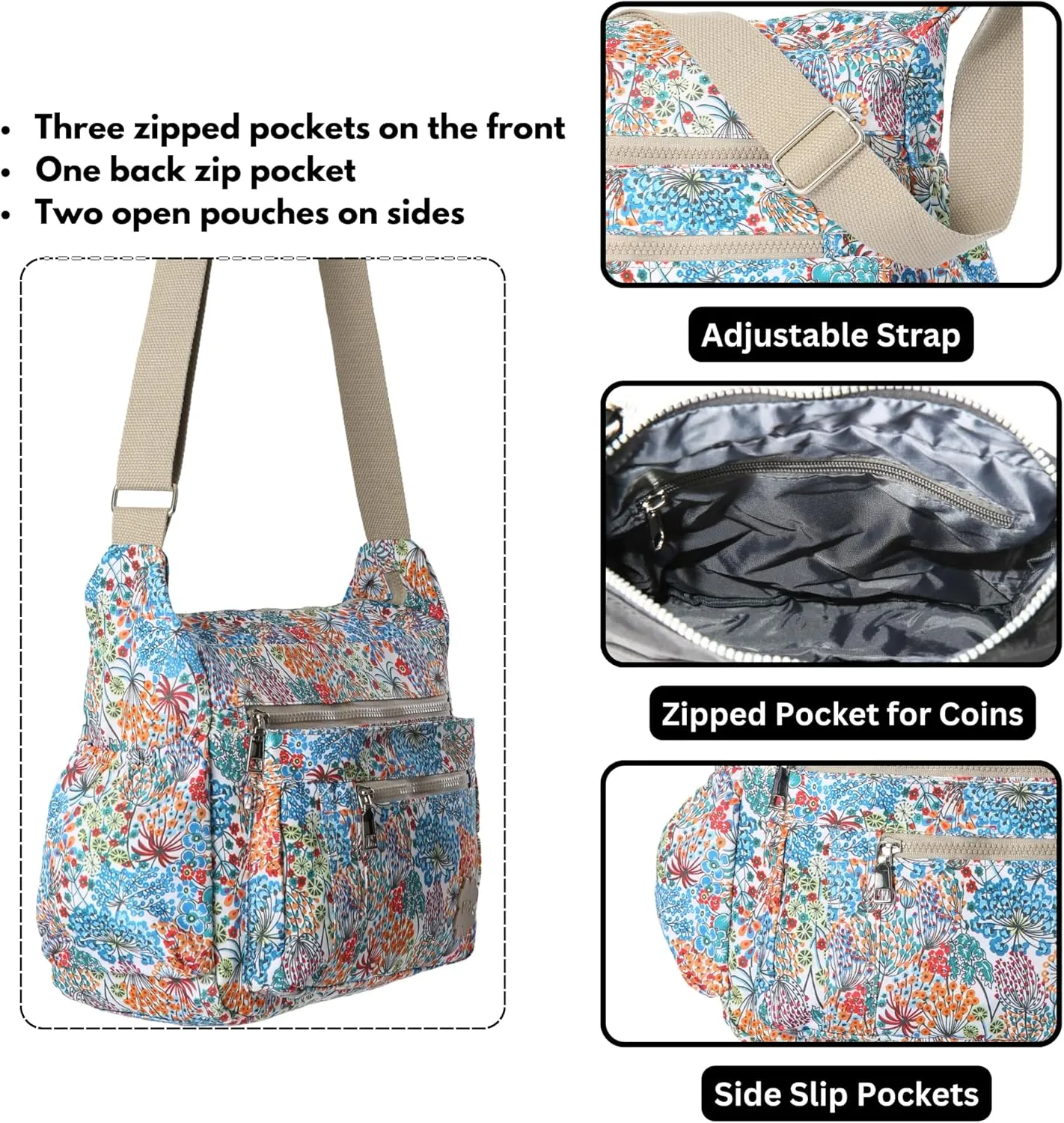 Women's Lightweight Cross Body Handbag - Large Size Multipocket Light Waterproof Fabric Messenger Bag - Kiana