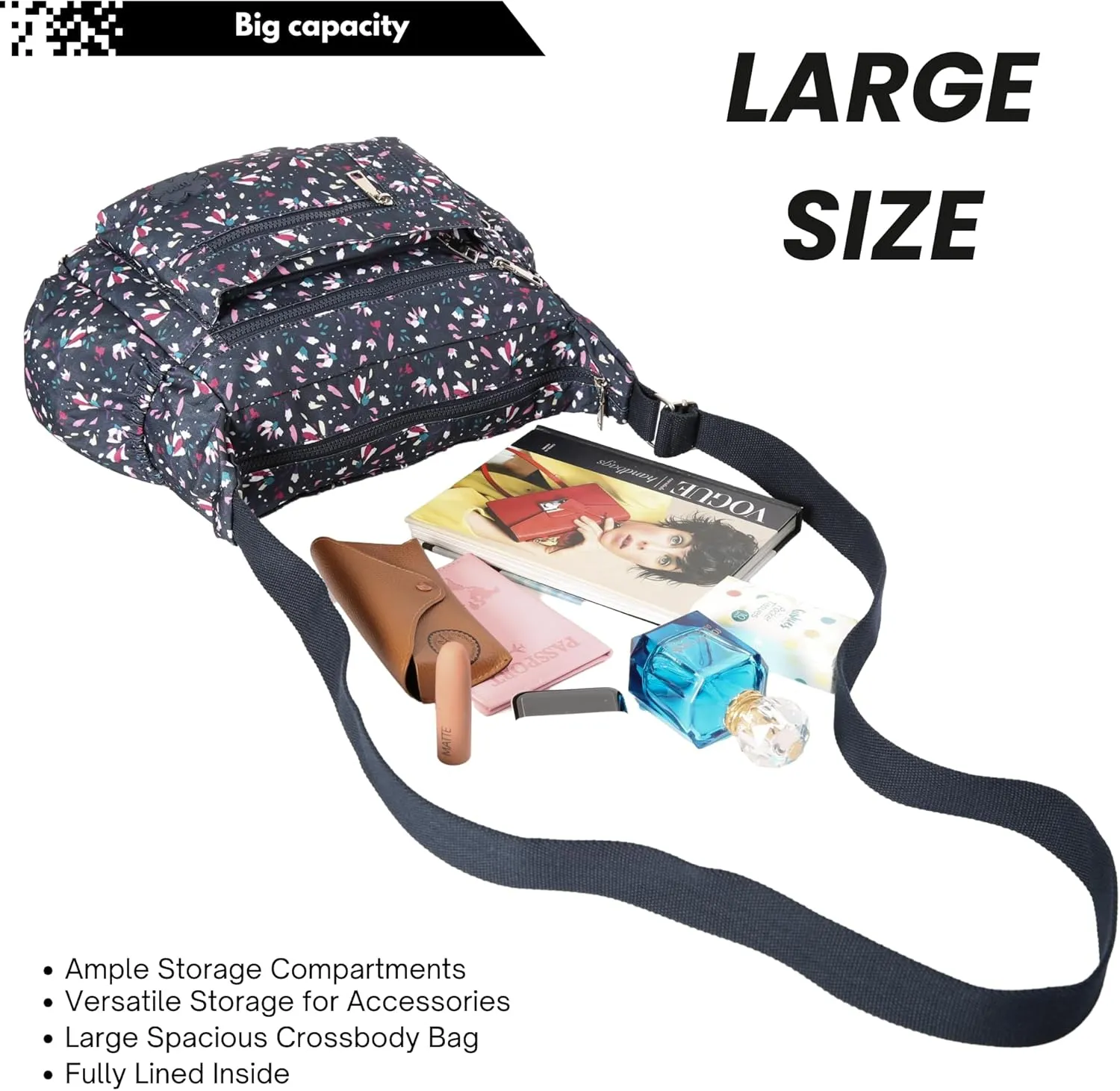 Women's Lightweight Cross Body Handbag - Large Size Multipocket Light Waterproof Fabric Messenger Bag - Kiana