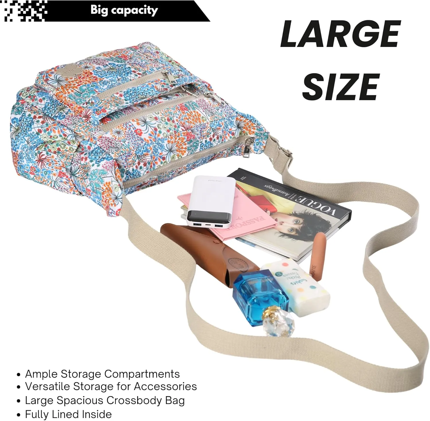 Women's Lightweight Cross Body Handbag - Large Size Multipocket Light Waterproof Fabric Messenger Bag - Kiana