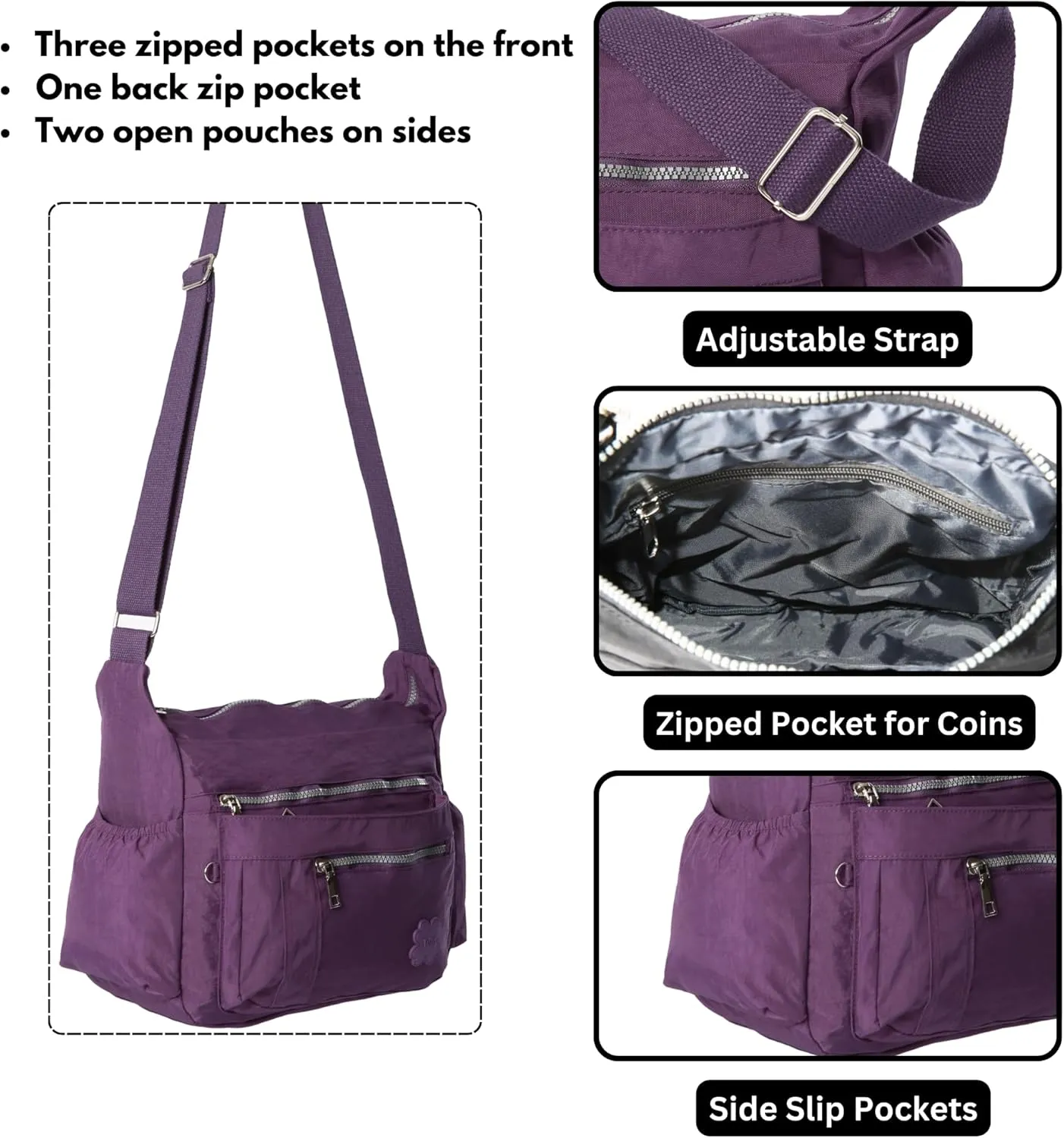 Women's Lightweight Cross Body Handbag - Large Size Multipocket Light Waterproof Fabric Messenger Bag - Kiana