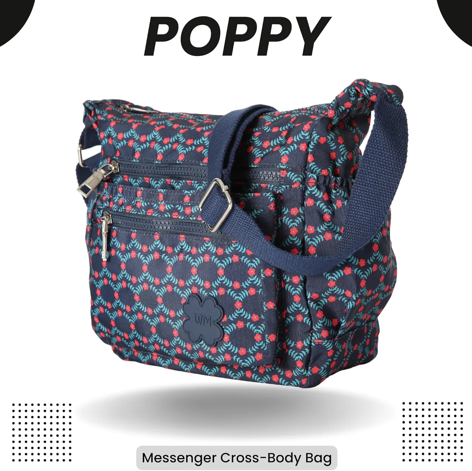 Womens Lightweight Cross Body Handbag - Medium Size Multipocket Rainproof Fabric Messenger Cross-Body Bag - Poppy