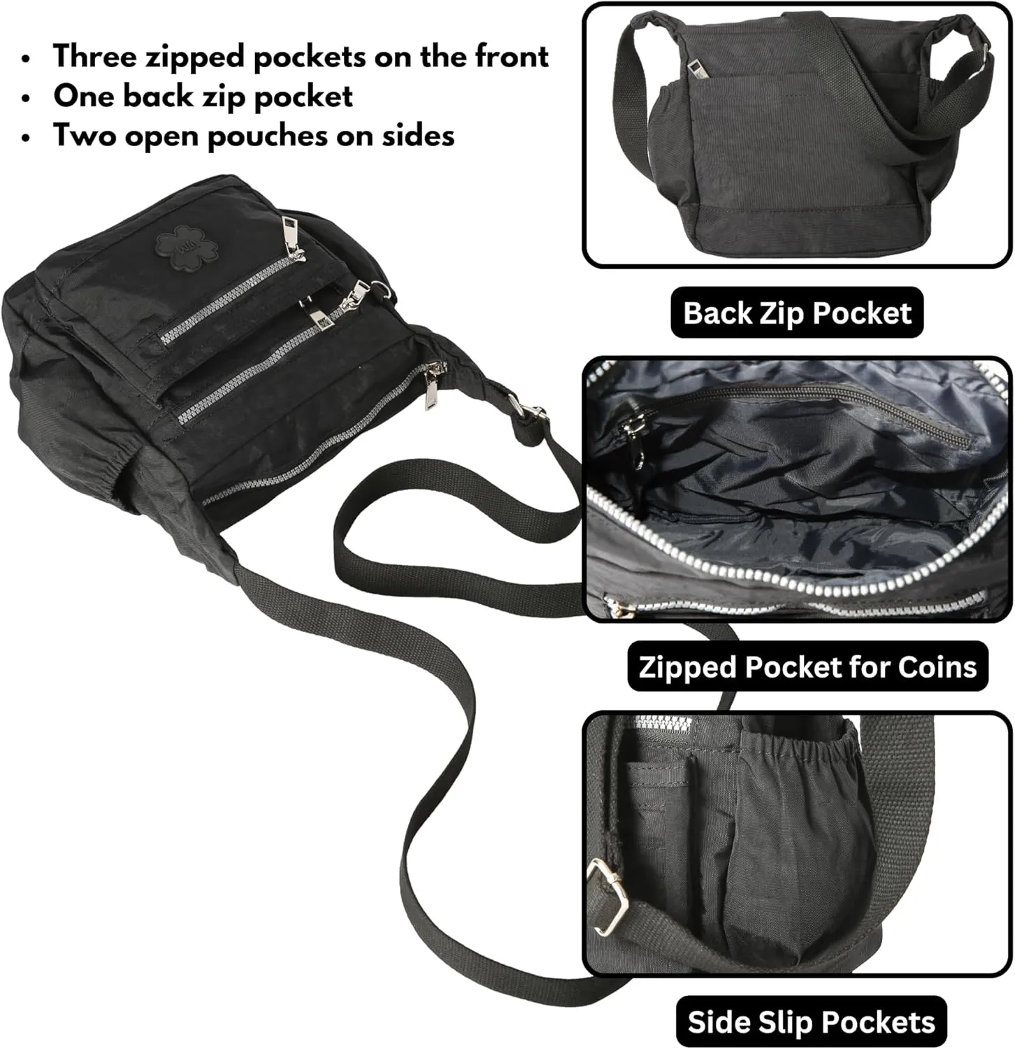 Womens Lightweight Cross Body Handbag - Medium Size Multipocket Rainproof Fabric Messenger Cross-Body Bag - Poppy