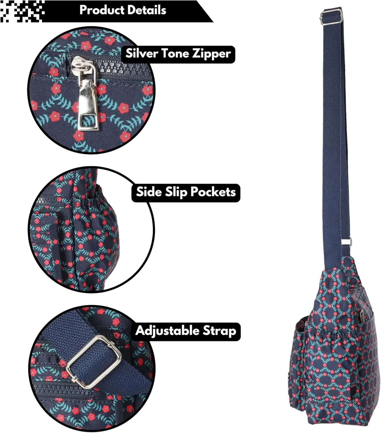Womens Lightweight Cross Body Handbag - Medium Size Multipocket Rainproof Fabric Messenger Cross-Body Bag - Poppy