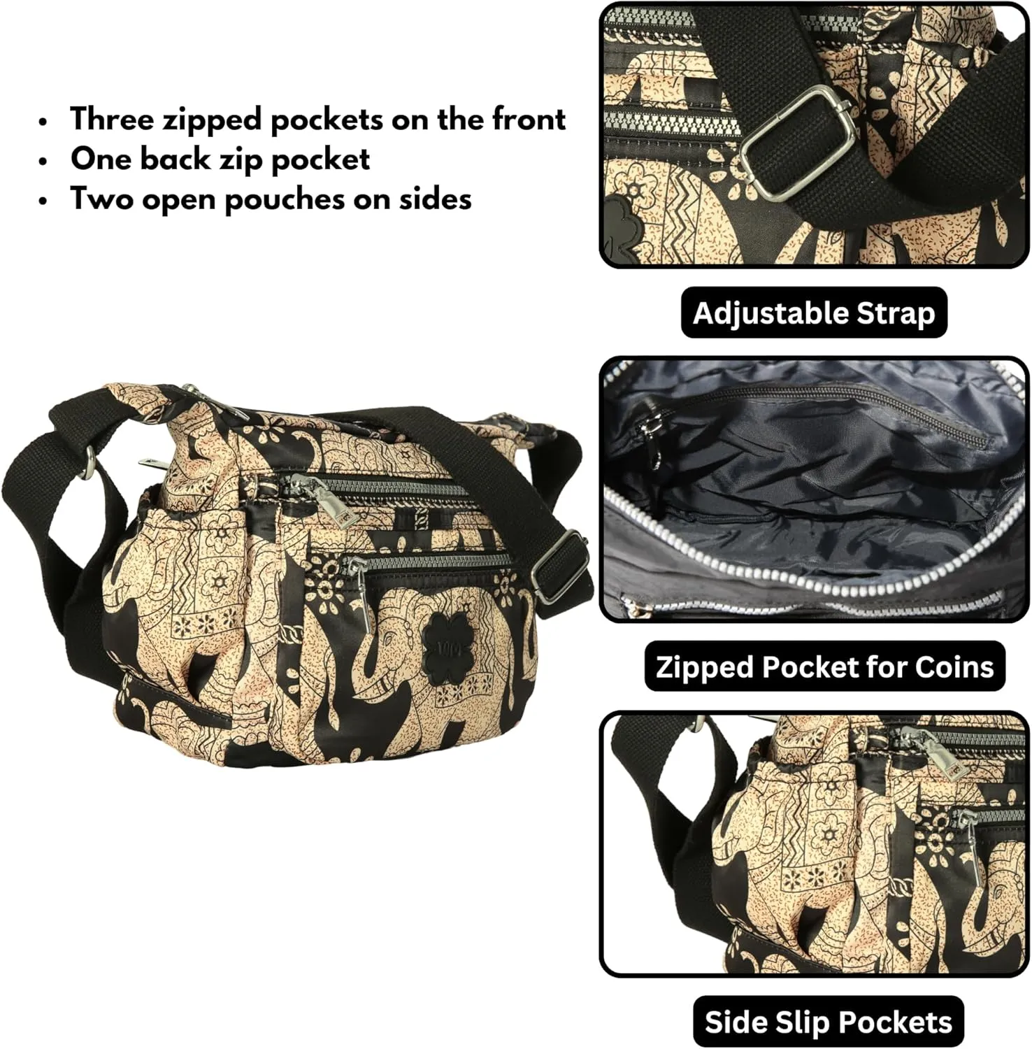 Womens Lightweight Cross Body Handbag - Medium Size Multipocket Rainproof Fabric Messenger Cross-Body Bag - Poppy