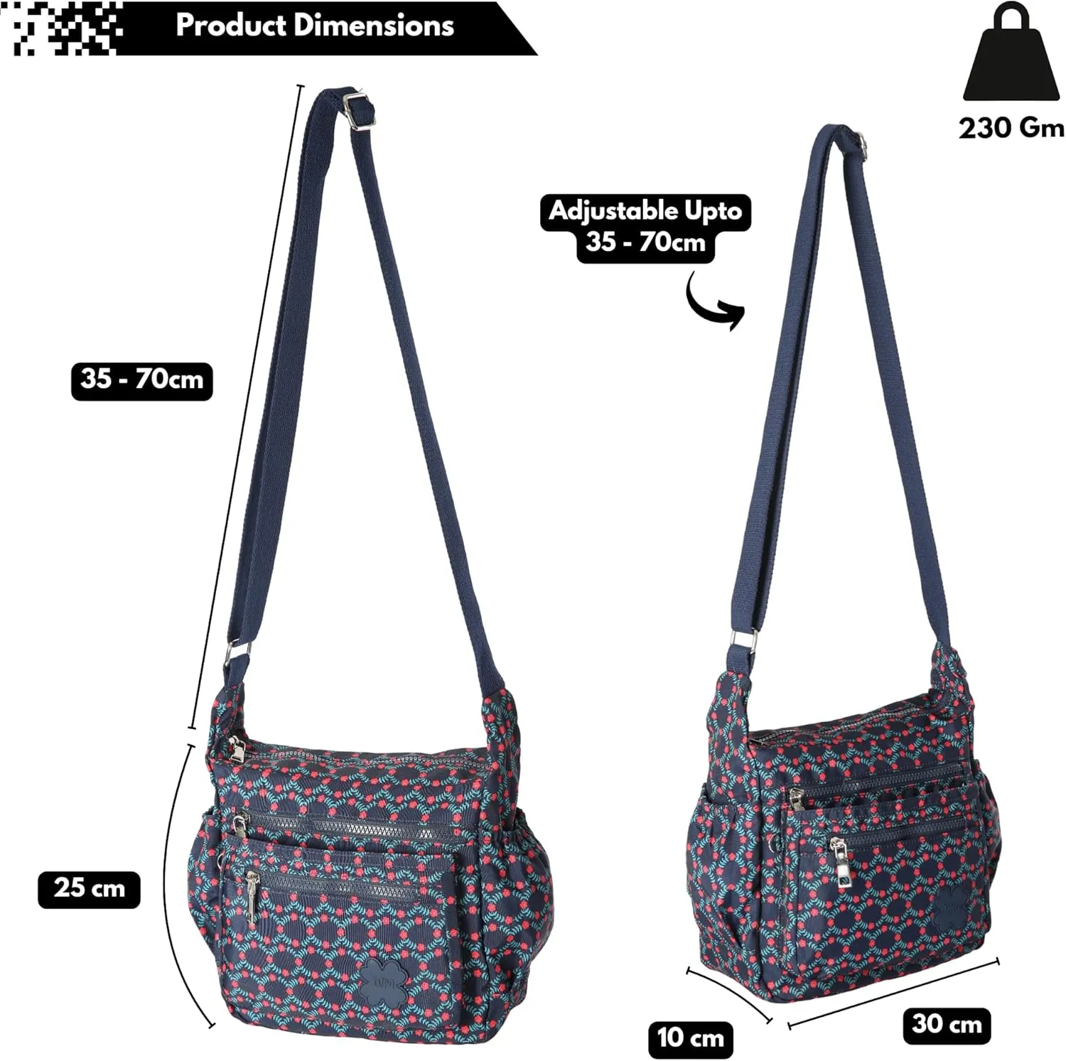 Womens Lightweight Cross Body Handbag - Medium Size Multipocket Rainproof Fabric Messenger Cross-Body Bag - Poppy