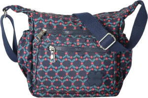 Womens Lightweight Cross Body Handbag - Medium Size Multipocket Rainproof Fabric Messenger Cross-Body Bag - Poppy