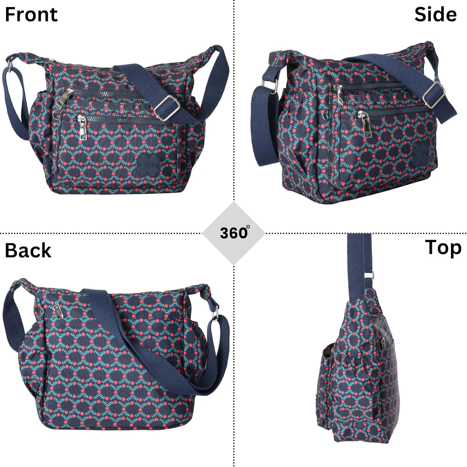 Womens Lightweight Cross Body Handbag - Medium Size Multipocket Rainproof Fabric Messenger Cross-Body Bag - Poppy