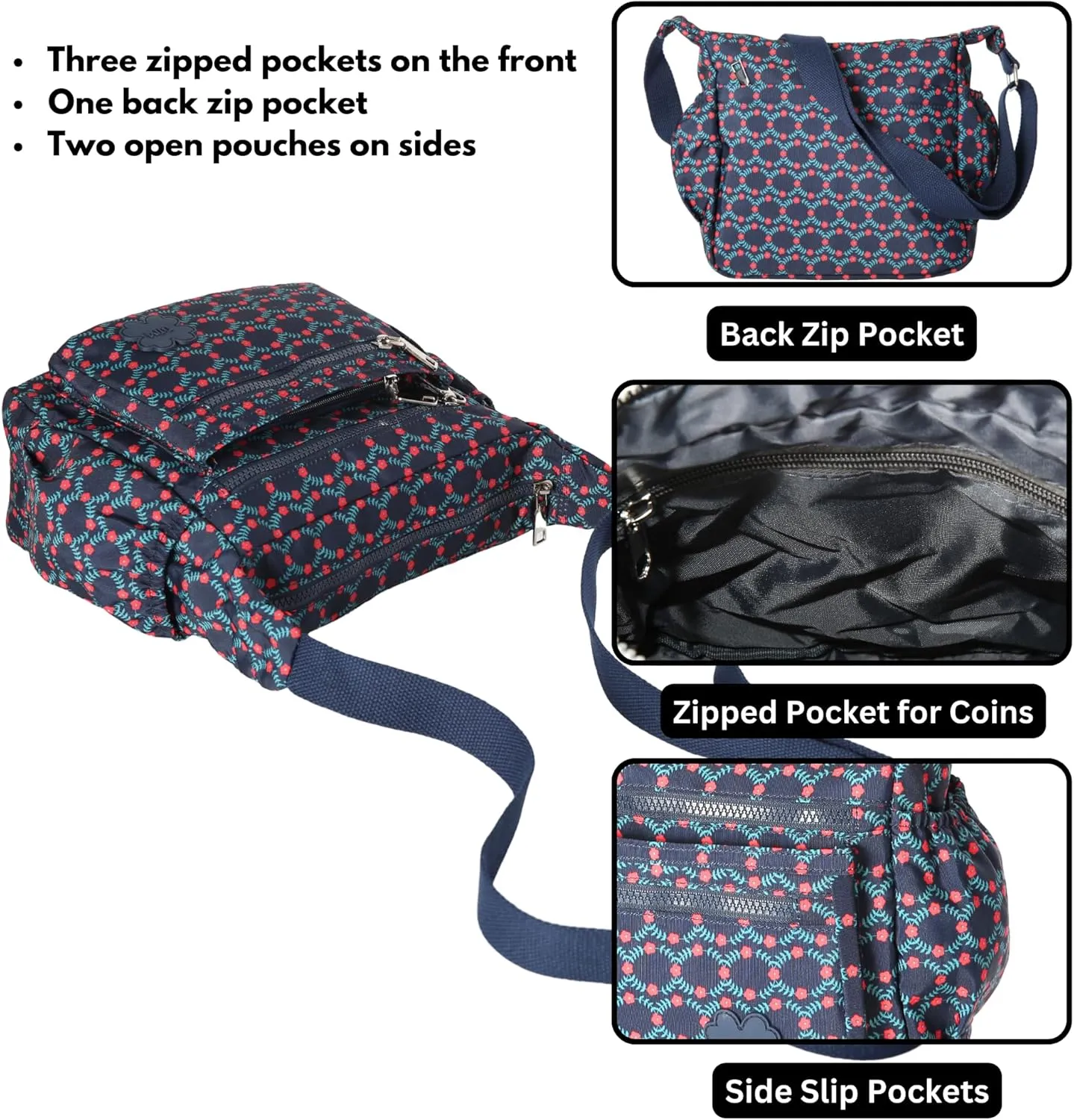 Womens Lightweight Cross Body Handbag - Medium Size Multipocket Rainproof Fabric Messenger Cross-Body Bag - Poppy