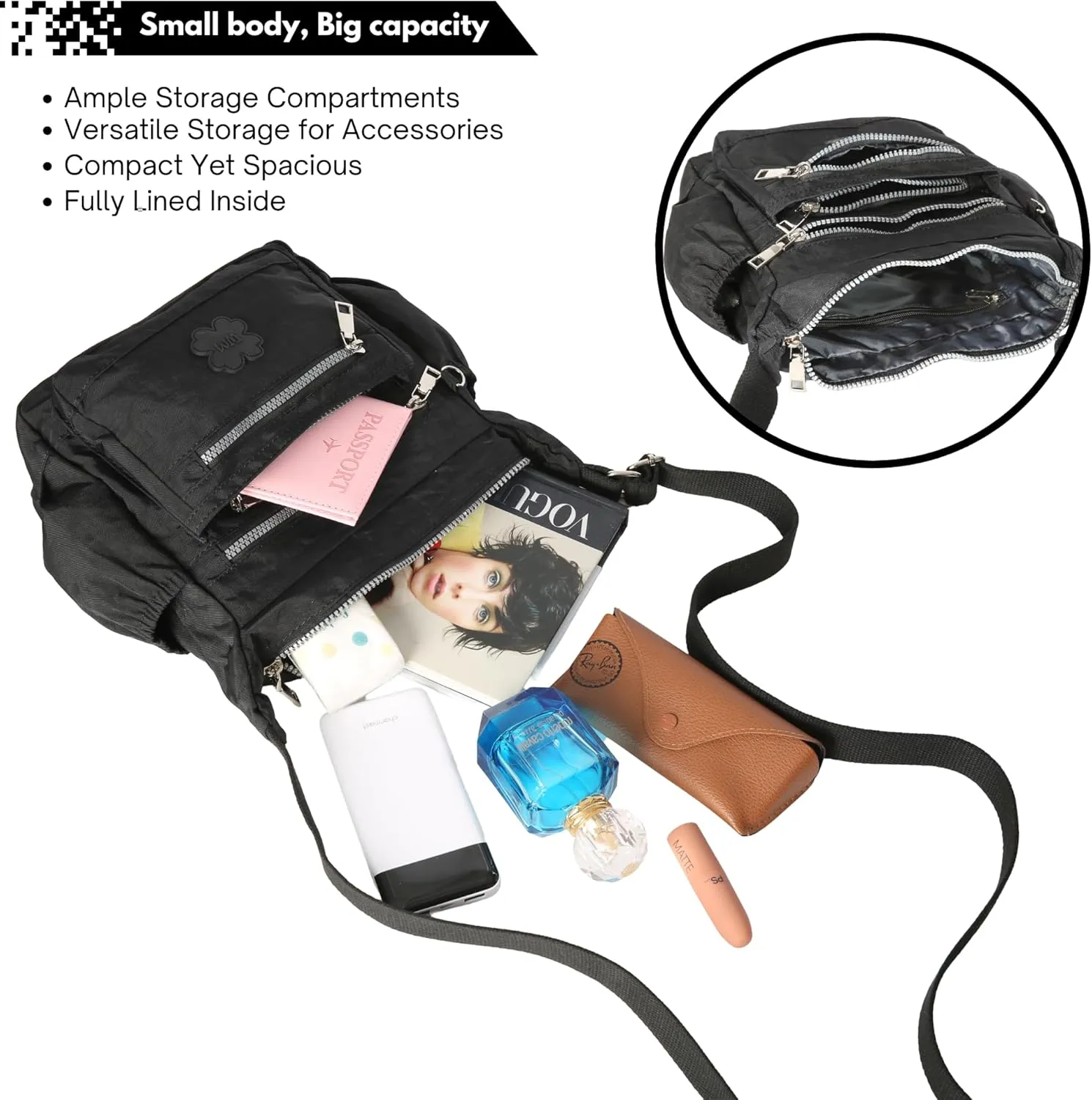 Womens Lightweight Cross Body Handbag - Medium Size Multipocket Rainproof Fabric Messenger Cross-Body Bag - Poppy