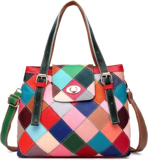 Women’s Multicolor Tote Genuine Leather Colorful Square Stitching Handbag Purse