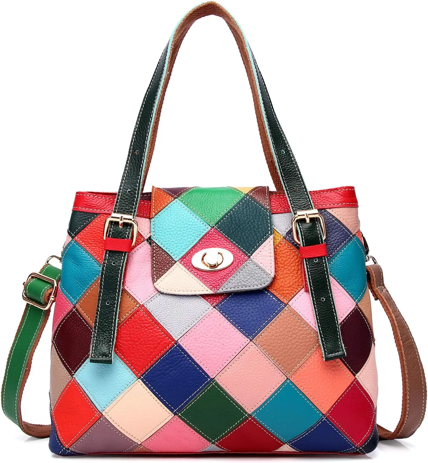Women’s Multicolor Tote Genuine Leather Colorful Square Stitching Handbag Purse